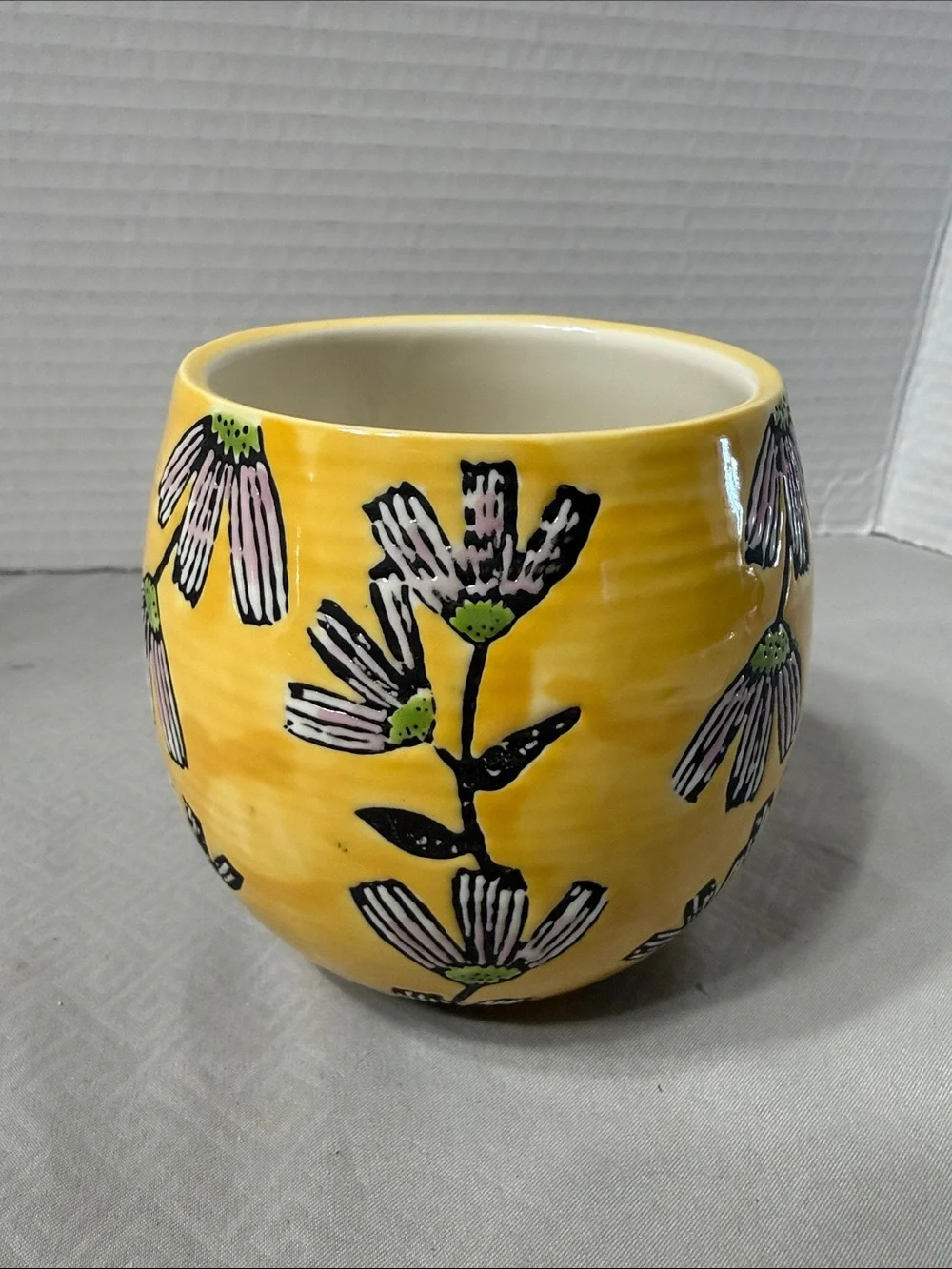Vintage Potter’s Studio Boho Ceramic Mug Cup Yellow Floral Pattern Hand Painted